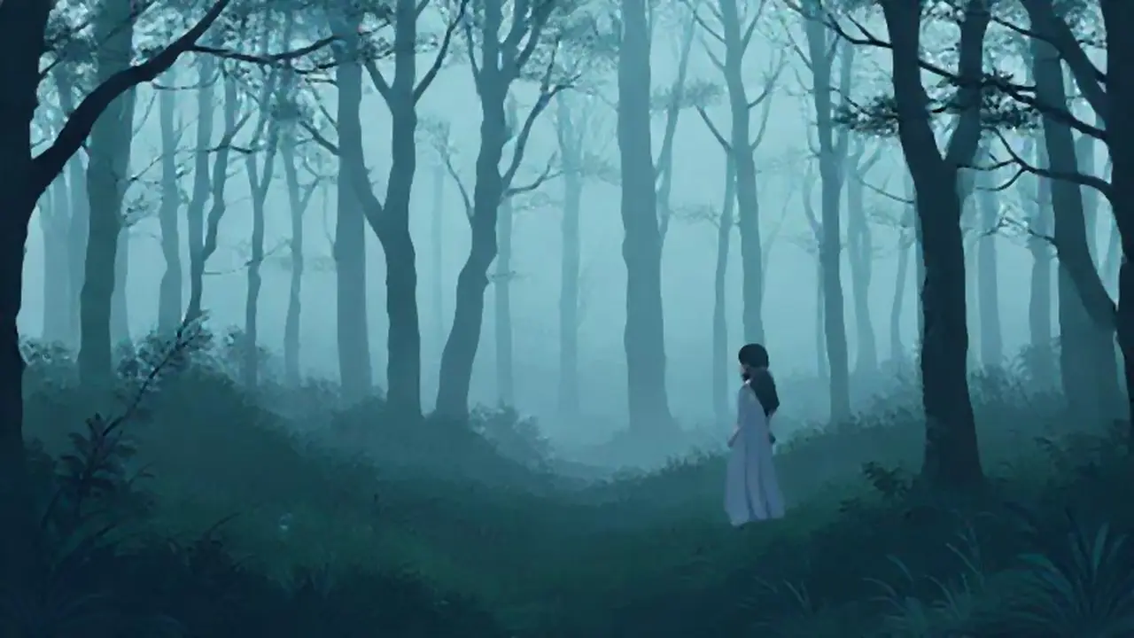 Mujer pálida en bosque brumoso
