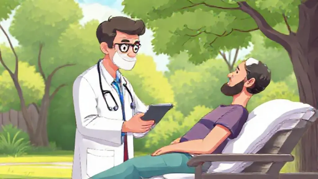 El médico revisa al paciente al aire libre