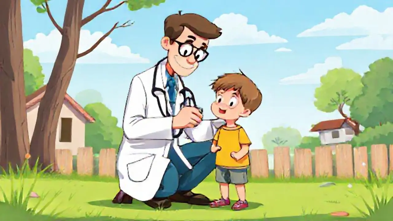 El médico revisa al niño al aire libre