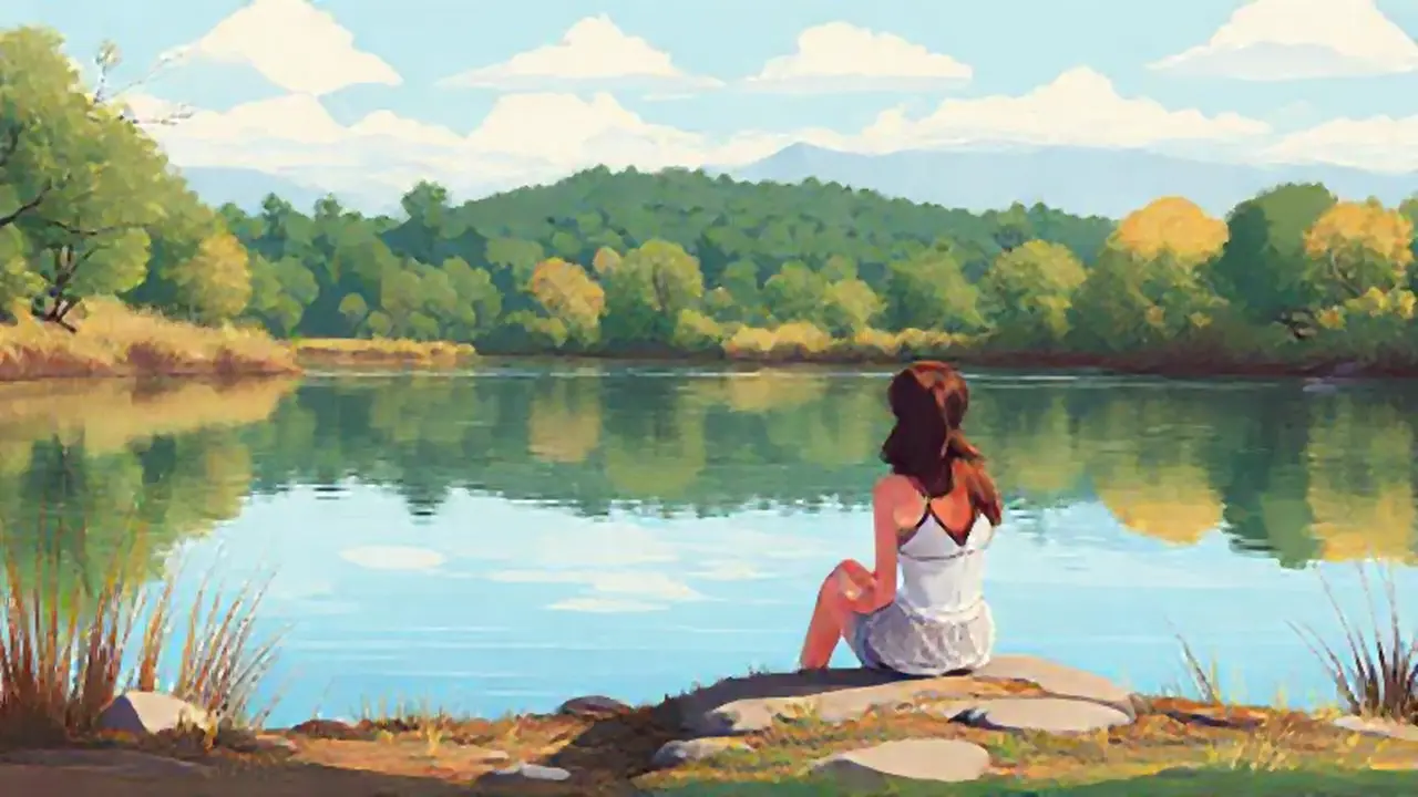 Mujer junto al río tranquilo