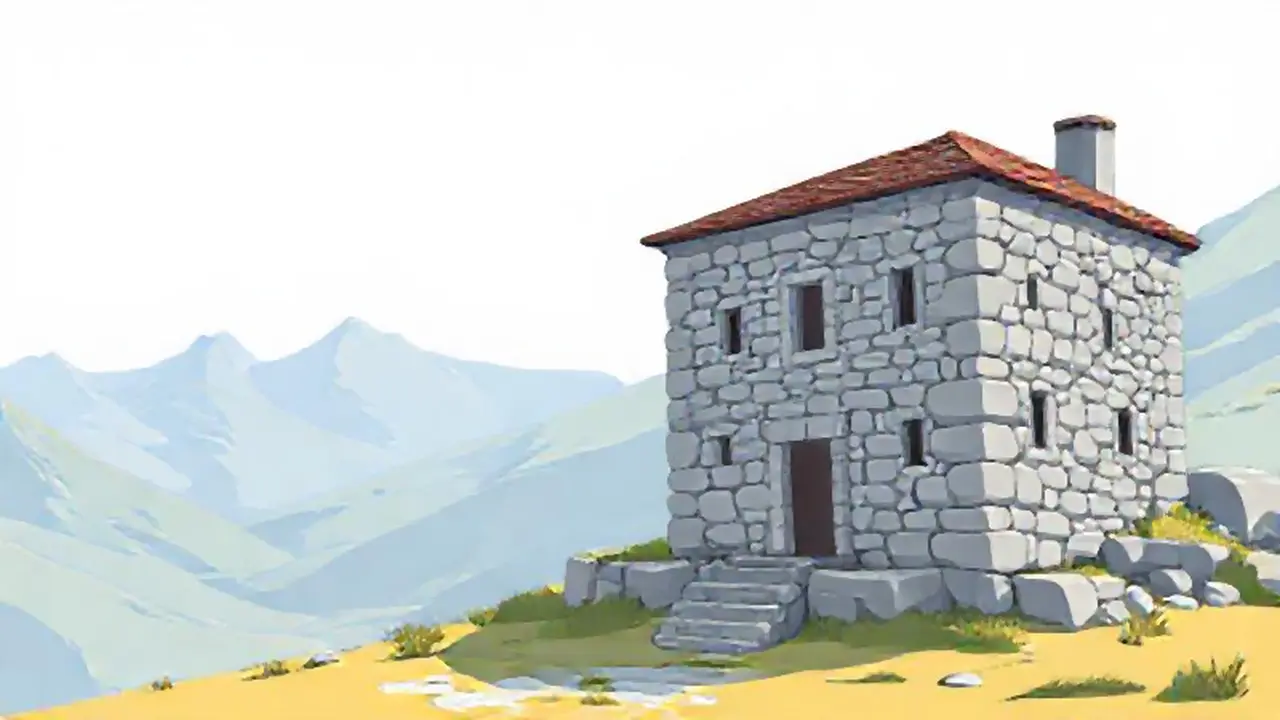 Edificio gris, montañas lejanas