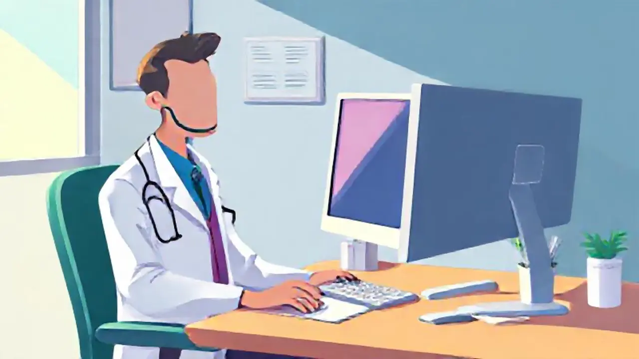 Escritorio del doctor junto a la pantalla