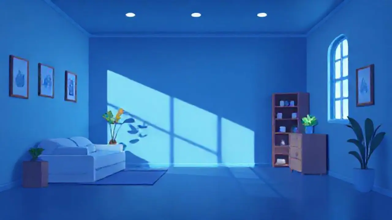 Habitación azul con luz suave