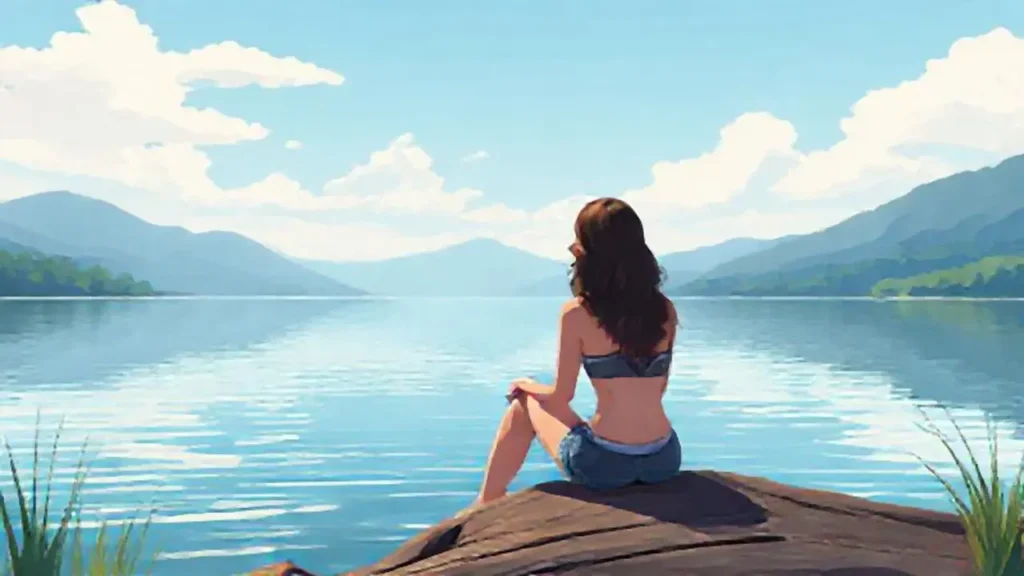 Mujer junto a un lago tranquilo