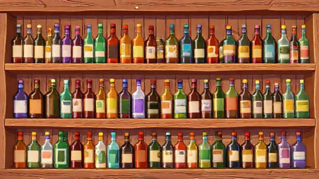 Estanterías de madera con botellas de colores