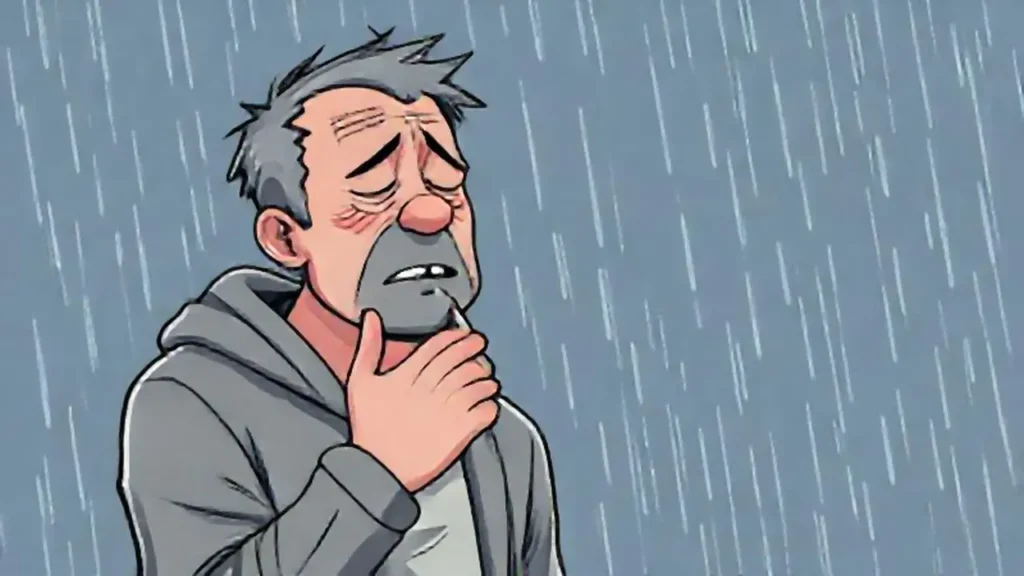 Hombre gris tosiendo bajo la lluvia