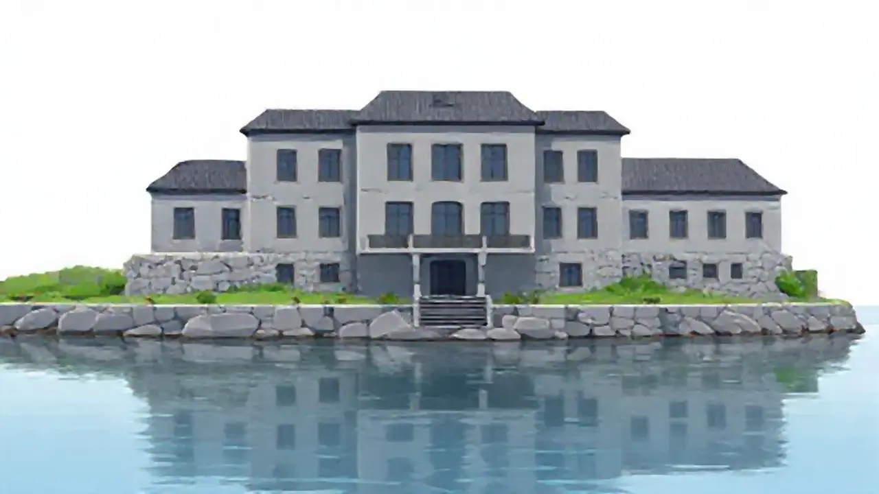 Un edificio gris mira el agua tranquila