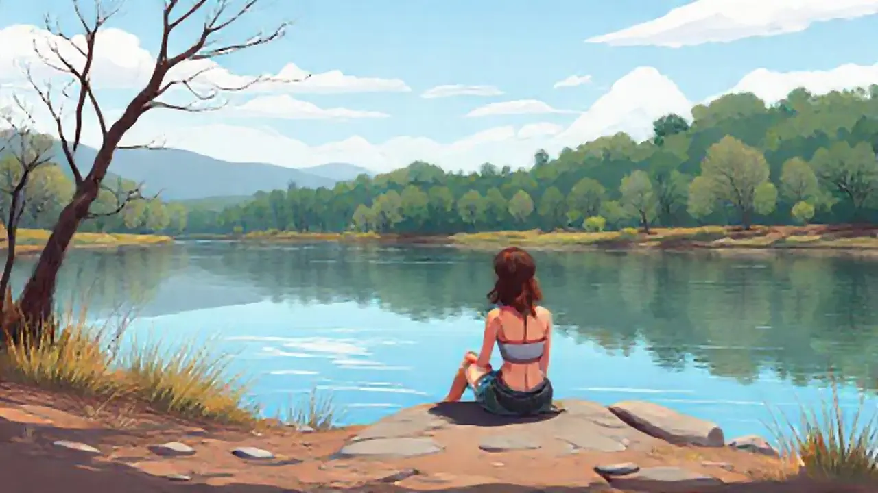 Mujer junto al río tranquilo