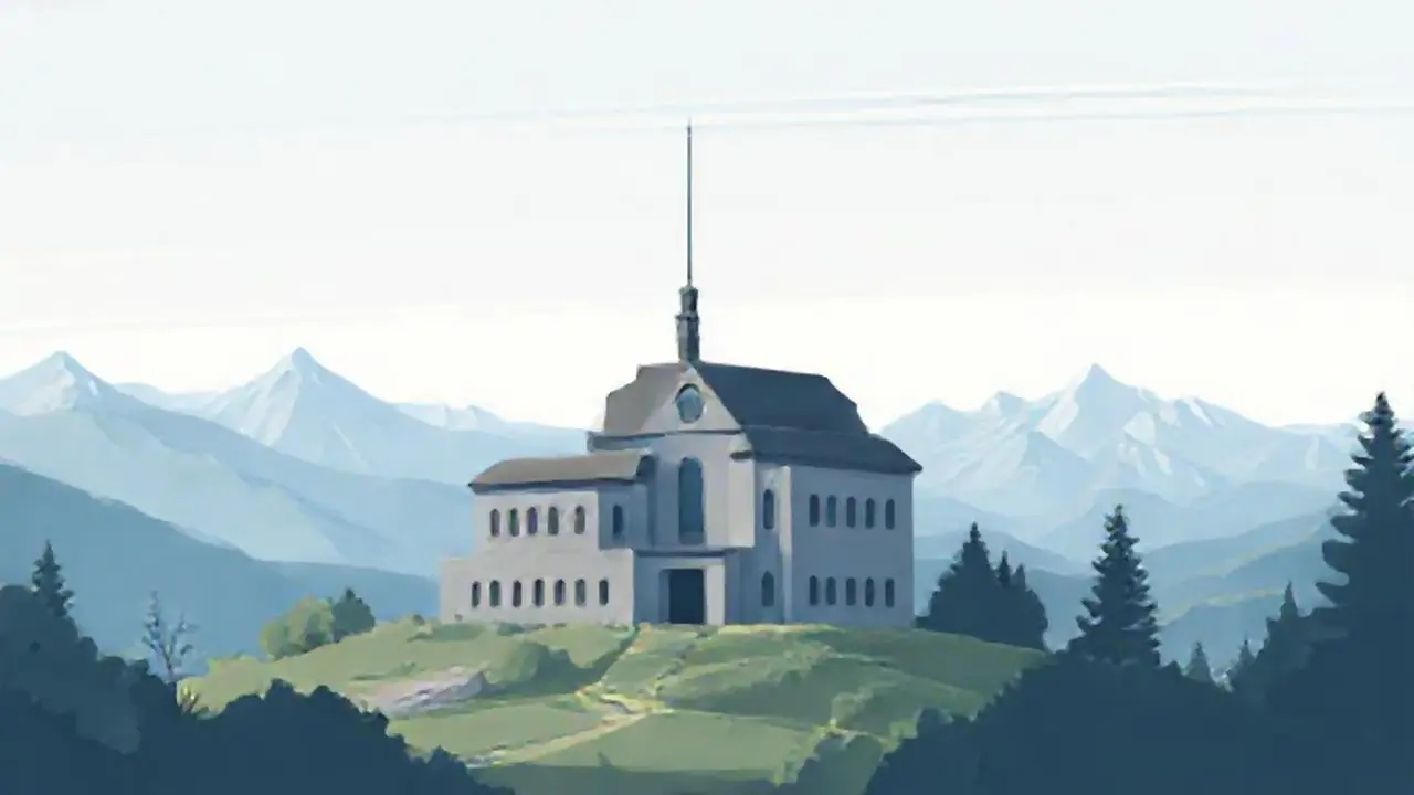 Edificio gris, montañas lejanas