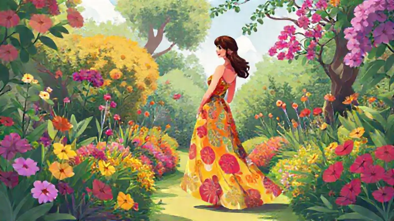 Mujer en jardín con vestido colorido