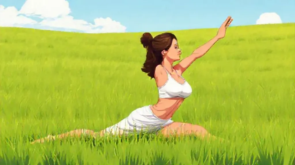 Mujer estira en el campo