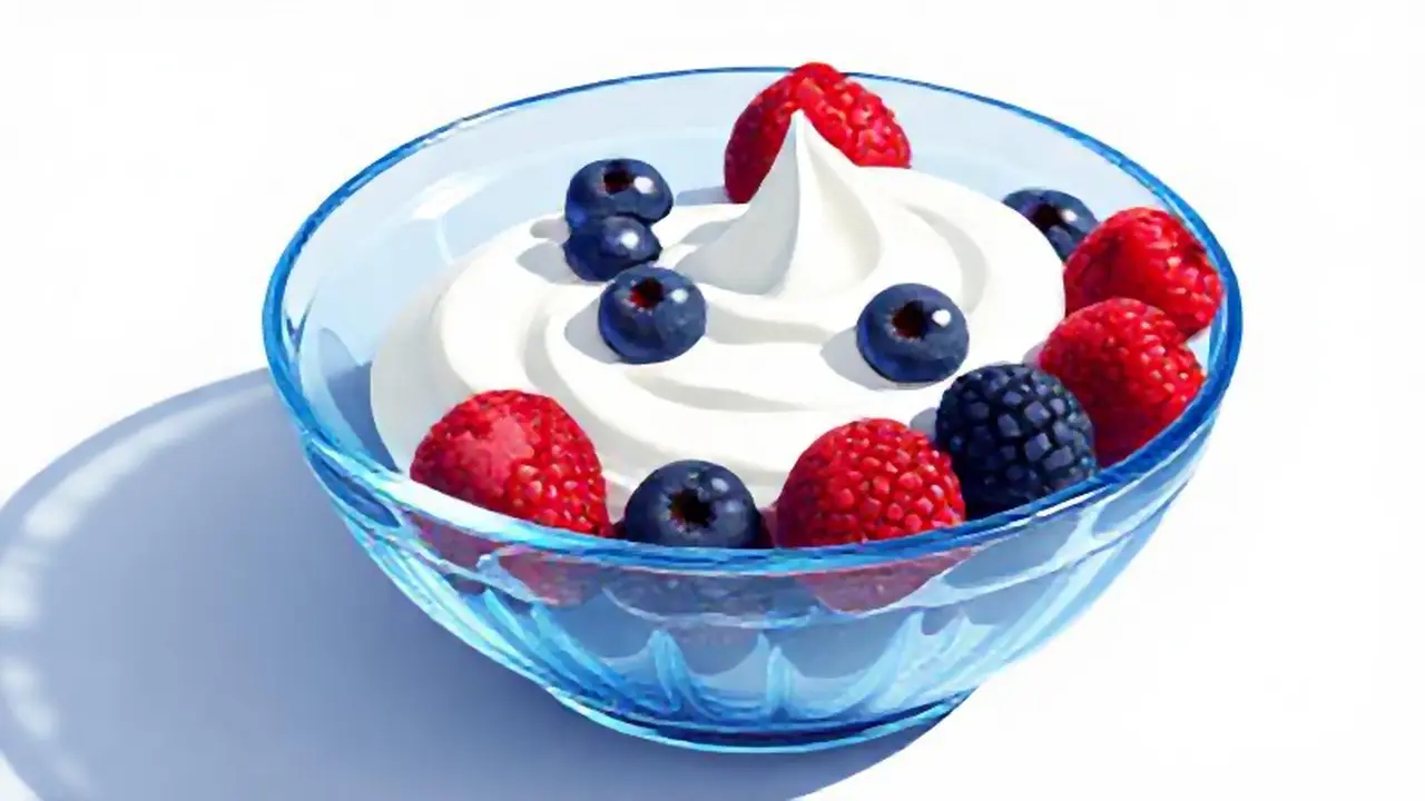 Un bol azul con bayas y yogur blanco