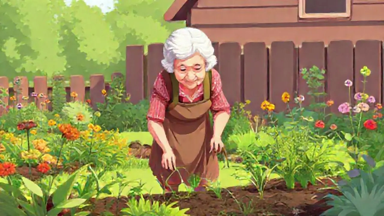 Mujer mayor cultiva su jardín