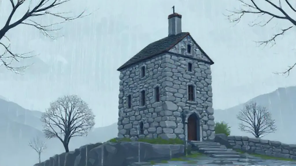 Edificio gris bajo lluvia lejana