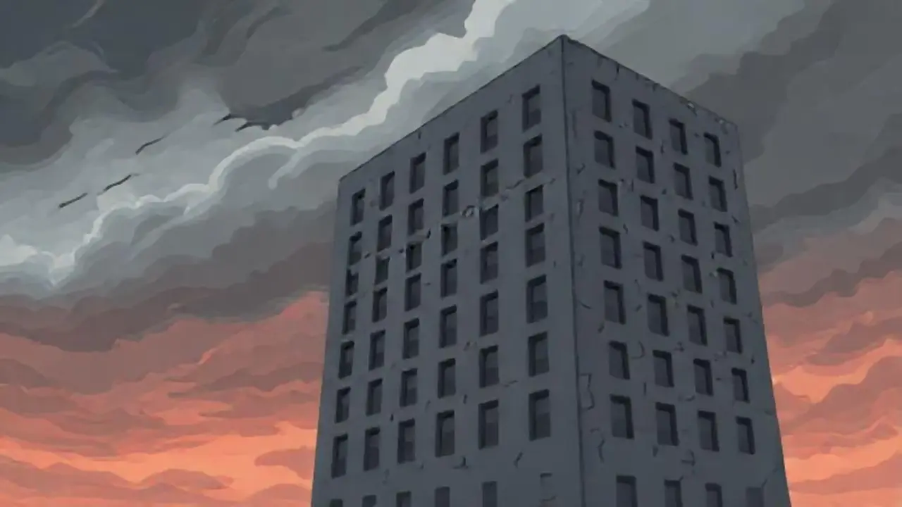 Edificio gris bajo un cielo tormentoso