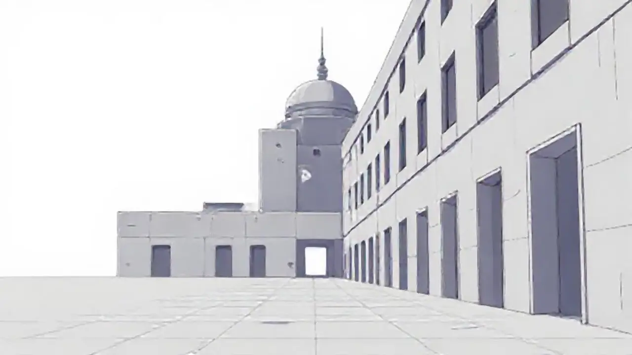 Edificio gris, pasillo largo