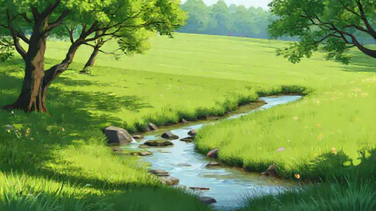 Prado verde y arroyo sereno