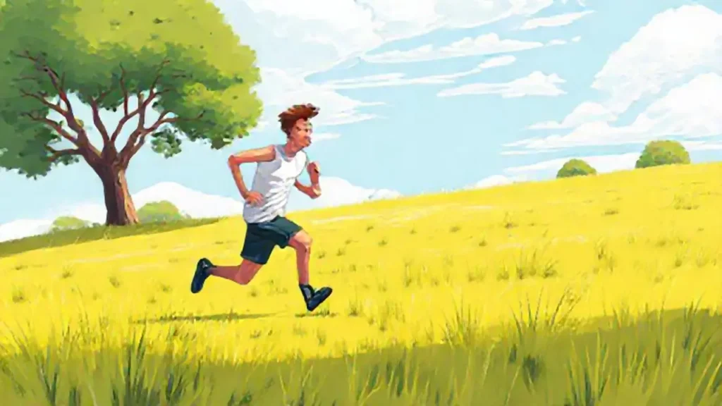 Hombre sudoroso corre en el campo