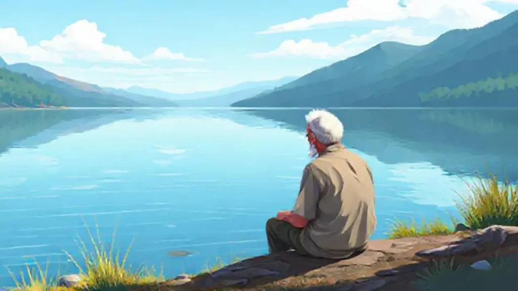 Un anciano observa el lago tranquilo