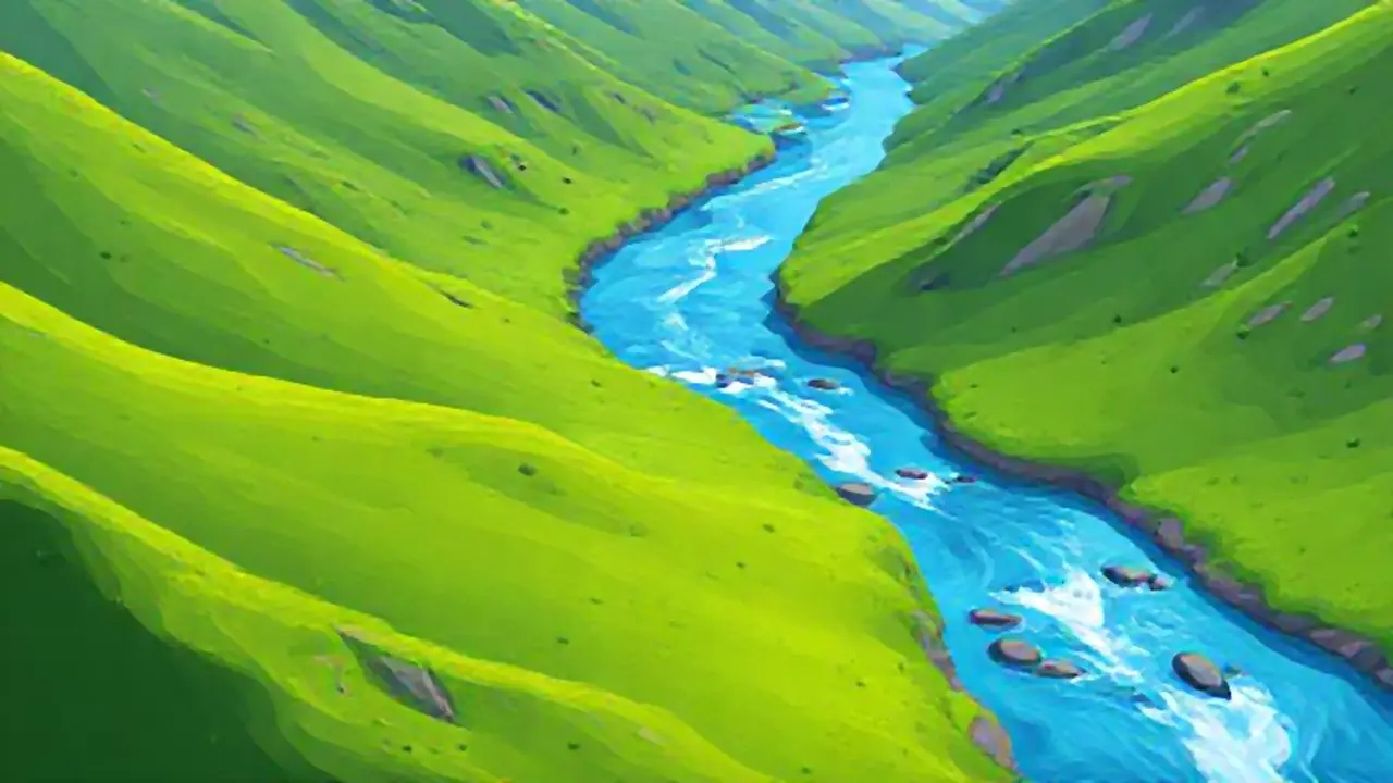 Río azul en verdes colinas
