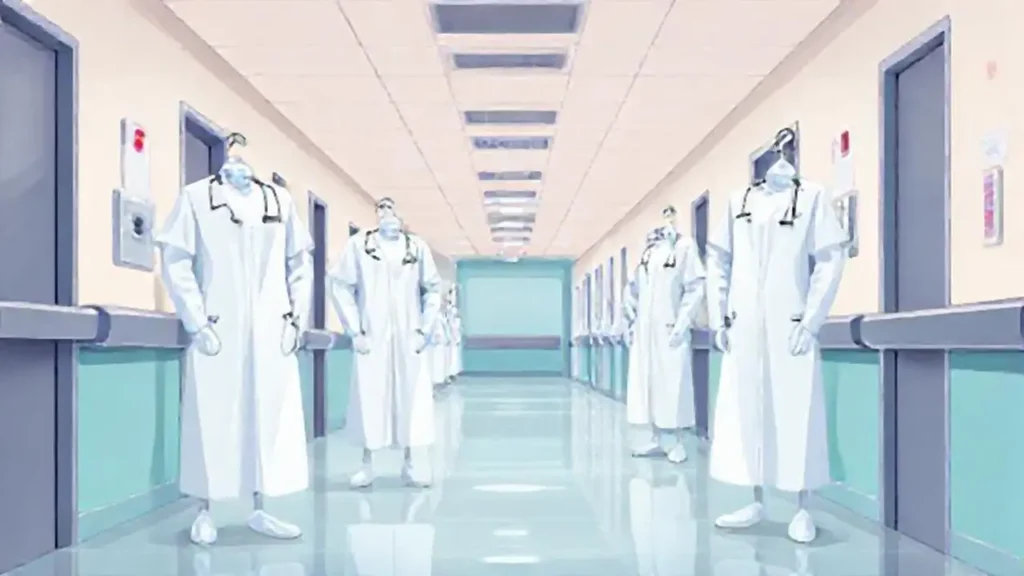 Médicos blancos en pasillo hospitalario