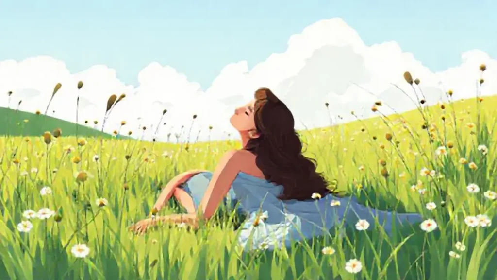 Mujer descansa en la pradera