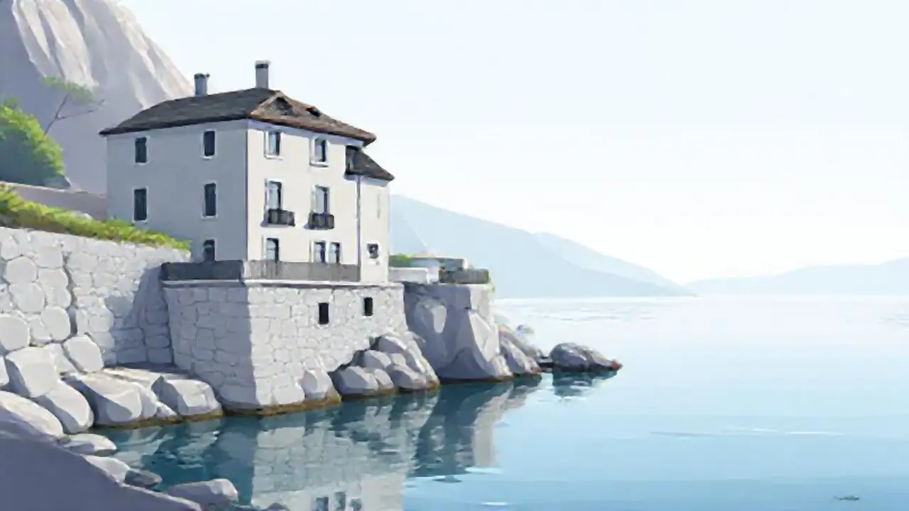 Edificio gris frente al agua tranquila
