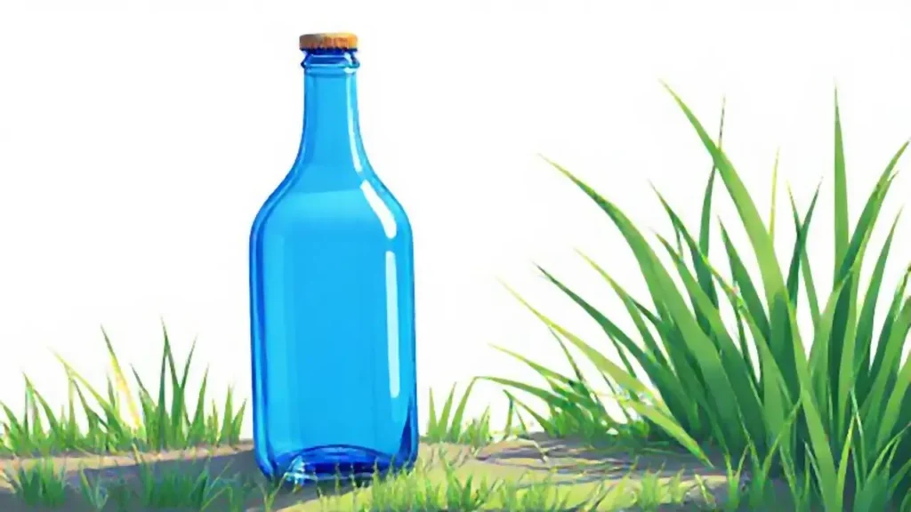 Una botella azul junto a hierba verde