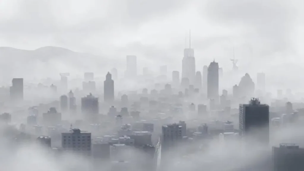 Ciudad gris oculta en niebla