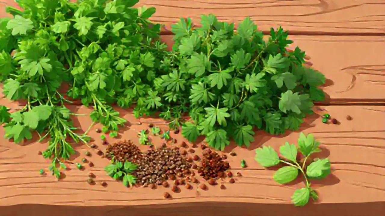 Hierbas y especias verdes sobre madera