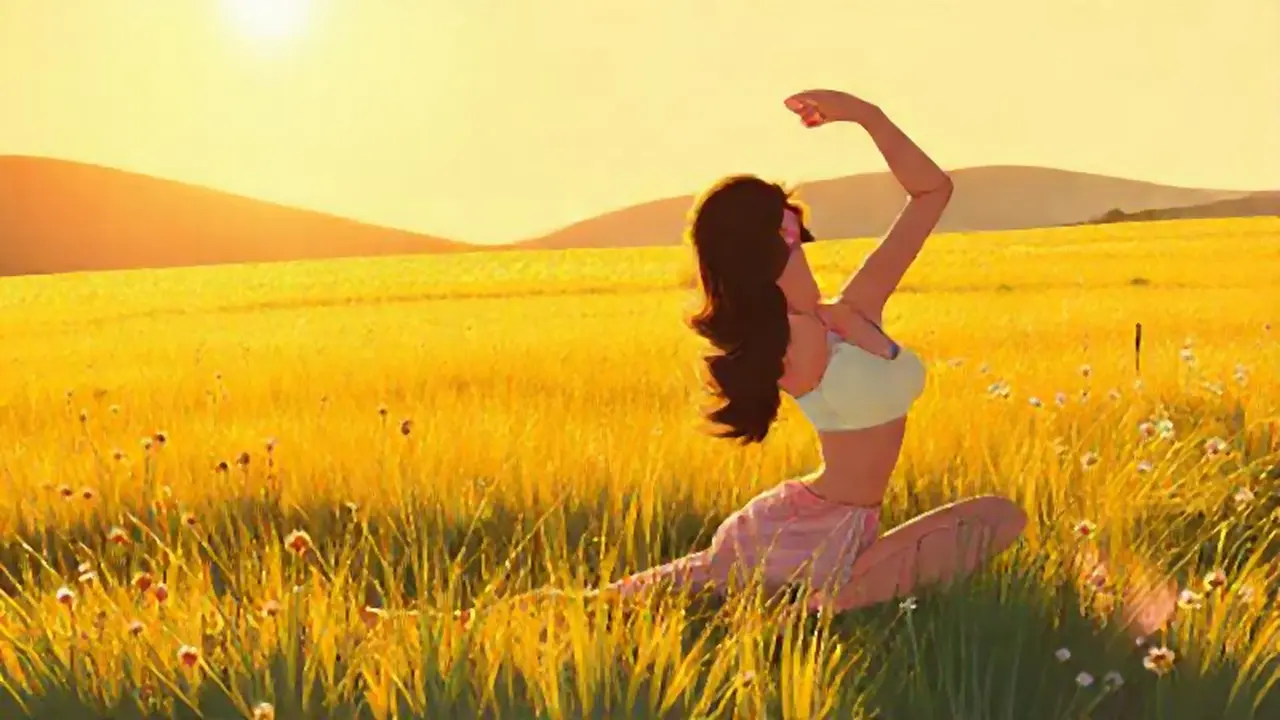 Mujer se estira en un campo soleado