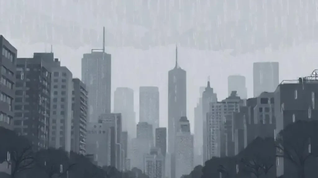 Ciudad gris bajo la lluvia