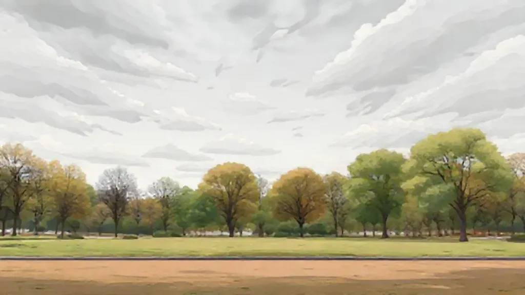 El cielo nublado gris cubre un parque vacío