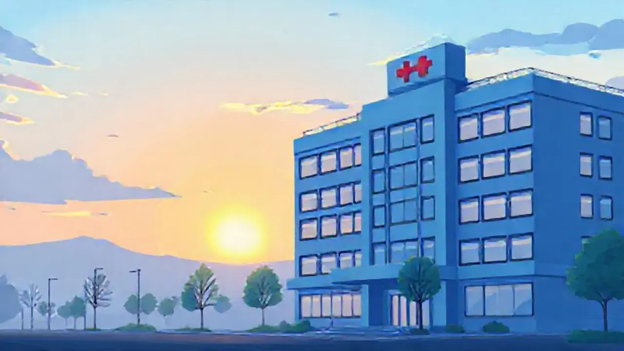 Un hospital azul al amanecer