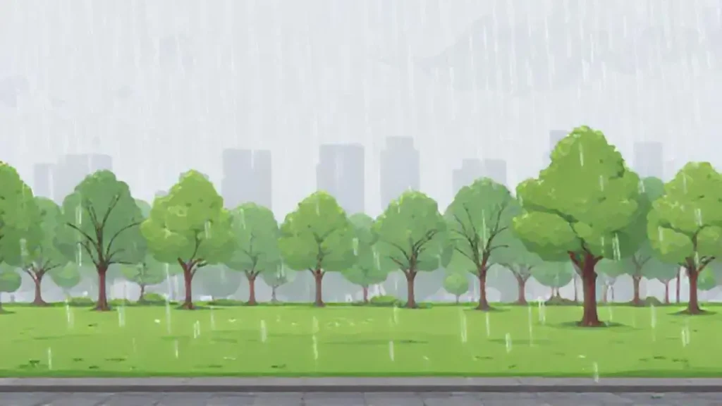 Lluvia gris sobre un parque vacío