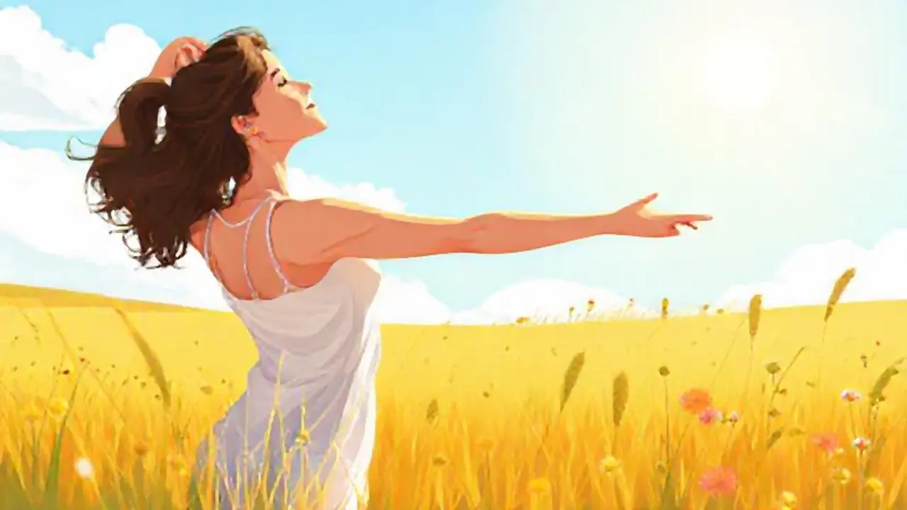 Mujer estirándose en un prado soleado