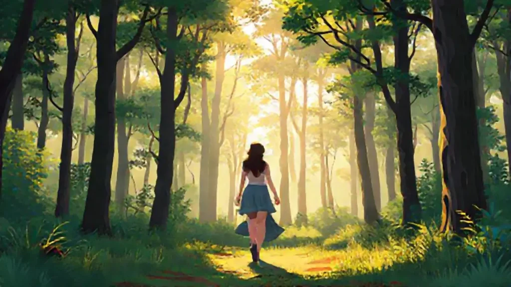 Mujer camina en un bosque soleado