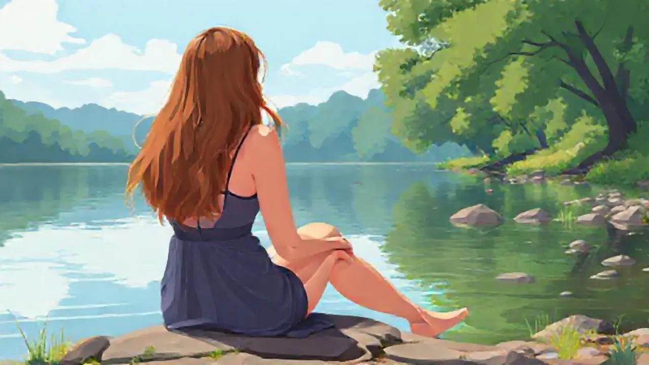 Mujer junto al río sereno