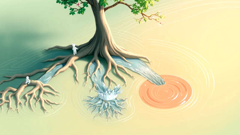 Río tranquilo nutre árbol con armonía