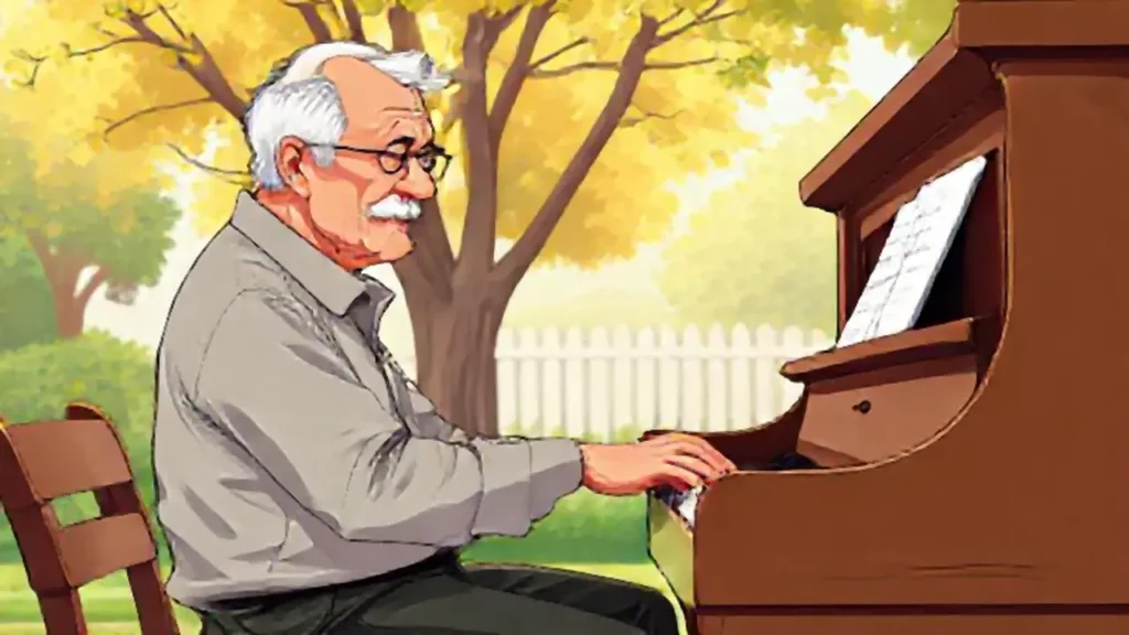 Un anciano toca el piano al aire libre