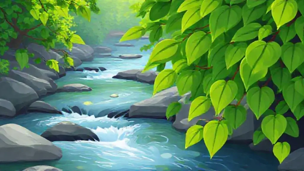 Hojas verdes junto al río