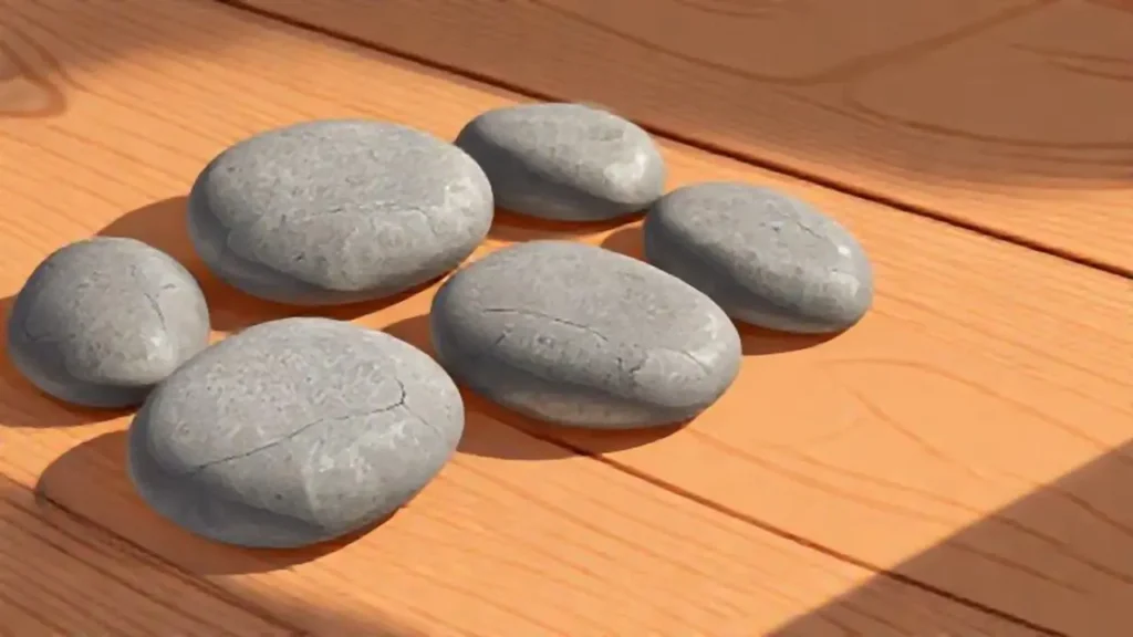 Piedras grises lisas sobre una mesa de madera
