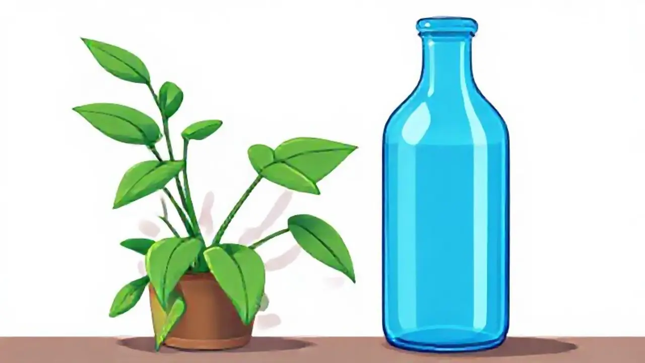 Una botella azul junto a una planta verde