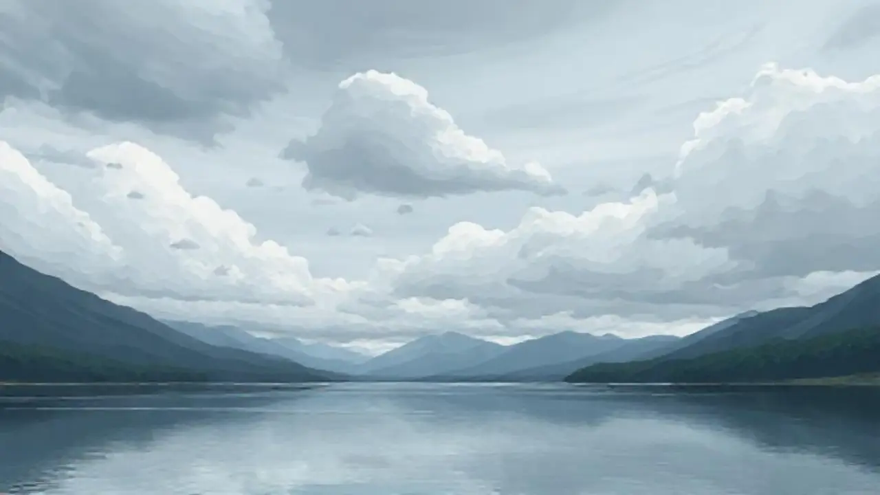 Nubes grises sobre un lago sereno