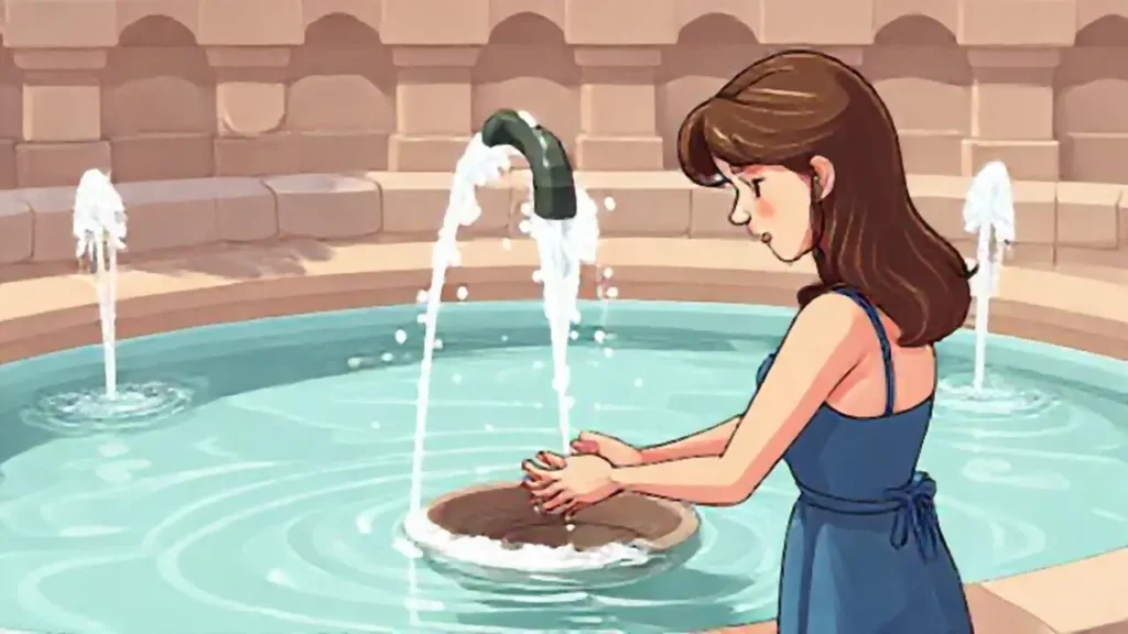 Mujer lava las manos en una fuente
