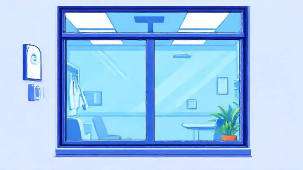 Ventana de consultorio médico azul