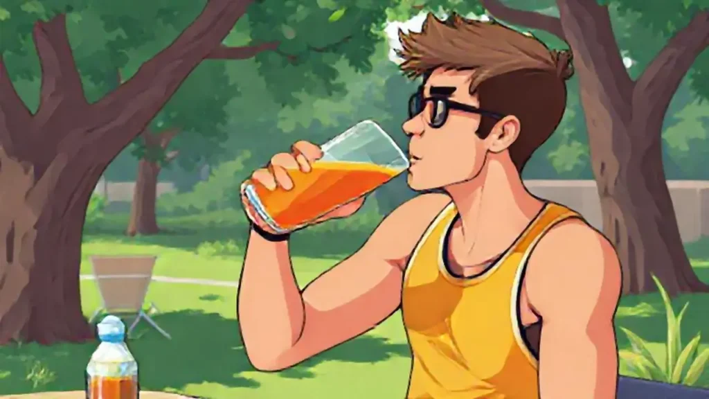 Atleta bebe jugo al aire libre