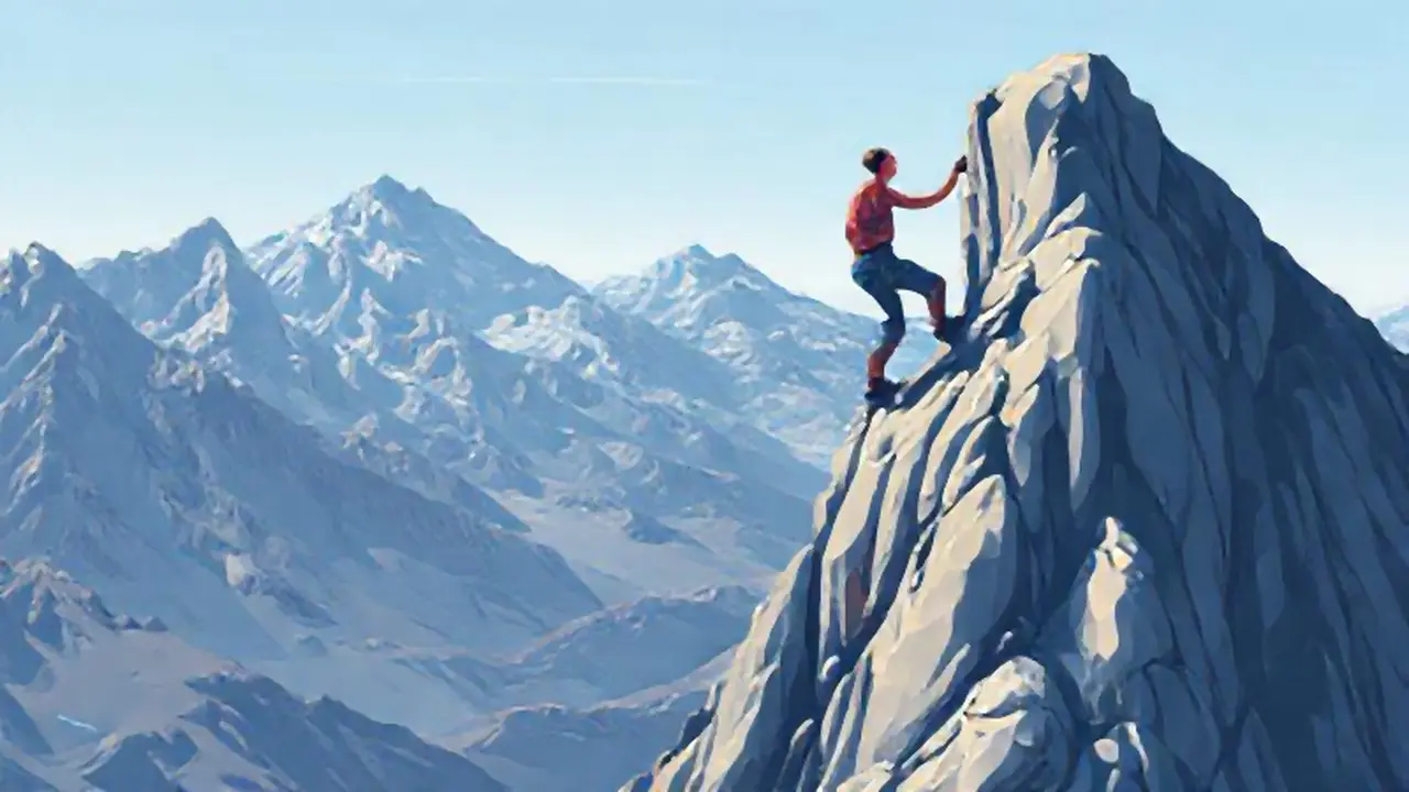 Hombre fuerte escala la montaña