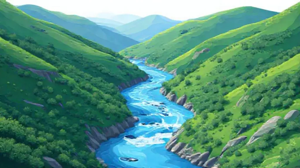 Río azul entre verdes colinas