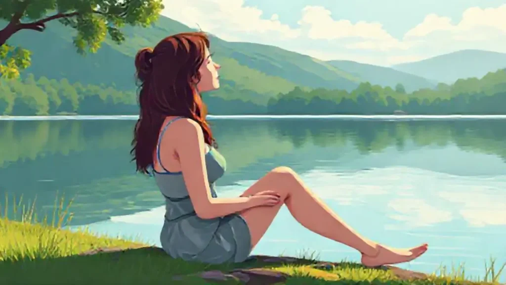 Mujer junto a un lago tranquilo